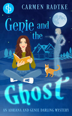 Ghost and a woman reading with a cat in front of a haunted house